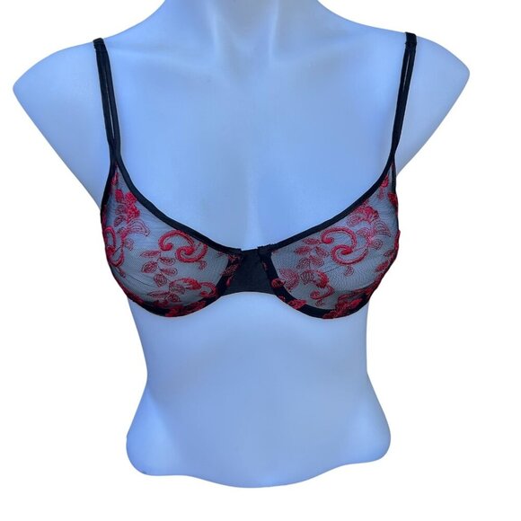 Natori Y2K Black and Red Lace Demi Underwire Bra Size 34B - Picture 1 of 7